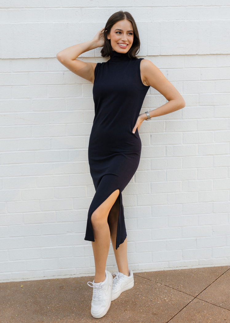 Ribbed Sleeveless Turtleneck Dress