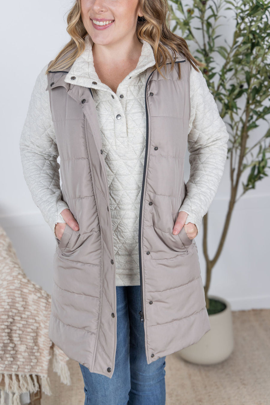 WAREHOUSE Harlow Long Vest - Latte