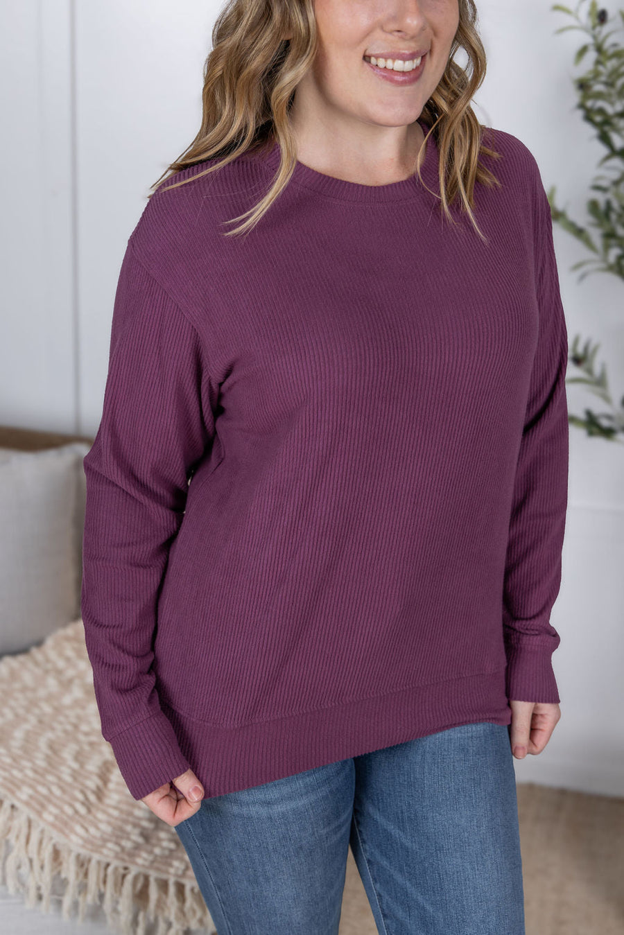 WAREHOUSE Corrine Ribbed Pullover Top - Plum