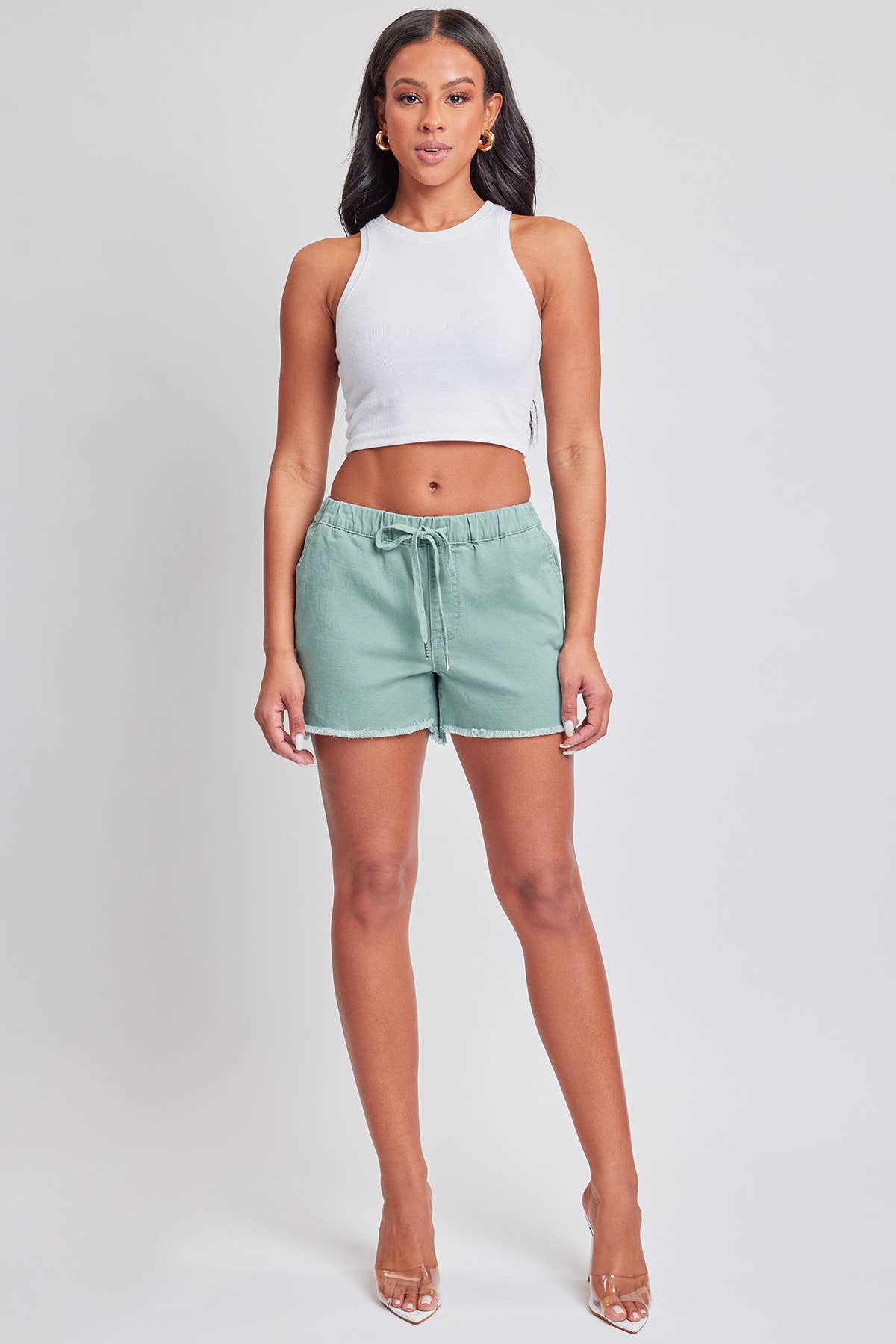 Frayed Hem Pull-on Shorts: Evergreen