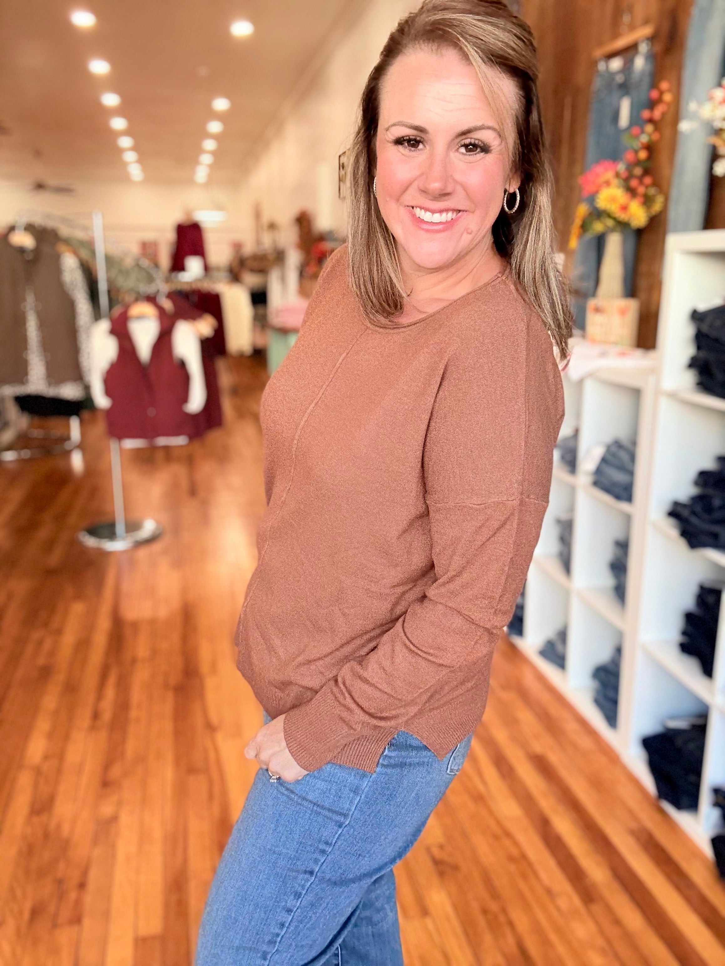 Front Seam Sweater with Side Slits- Camel
