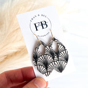 Black and White Boho Arch Leather Teardrop Earrings : Silver Wires