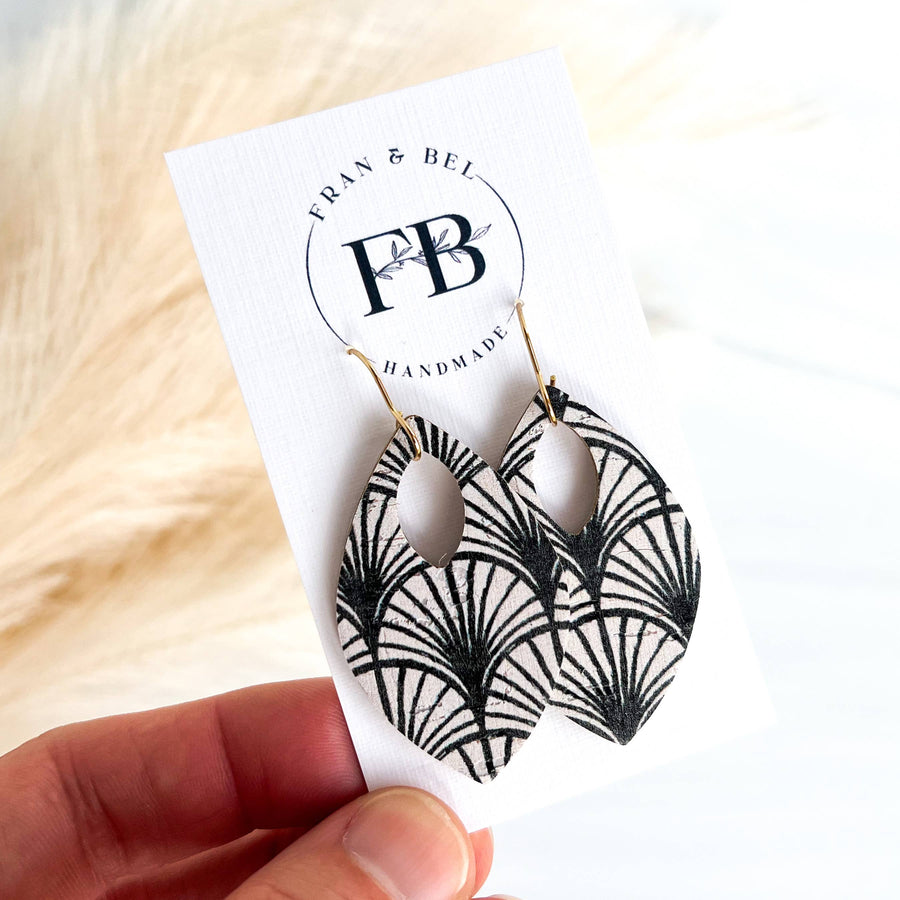 Black and White Boho Arch Leather Teardrop Earrings : Silver Wires