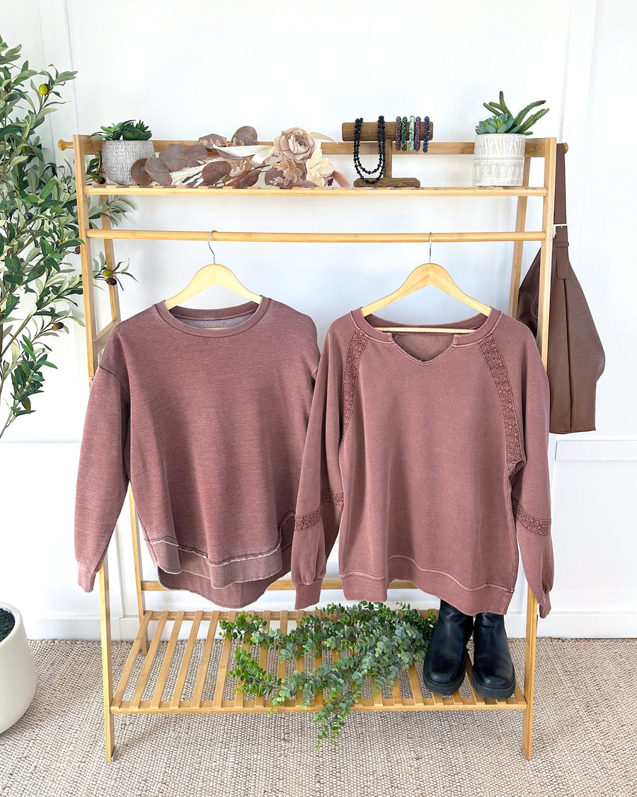 WAREHOUSE ONLY Lace Accent Vintage Wash Pullover - Brown