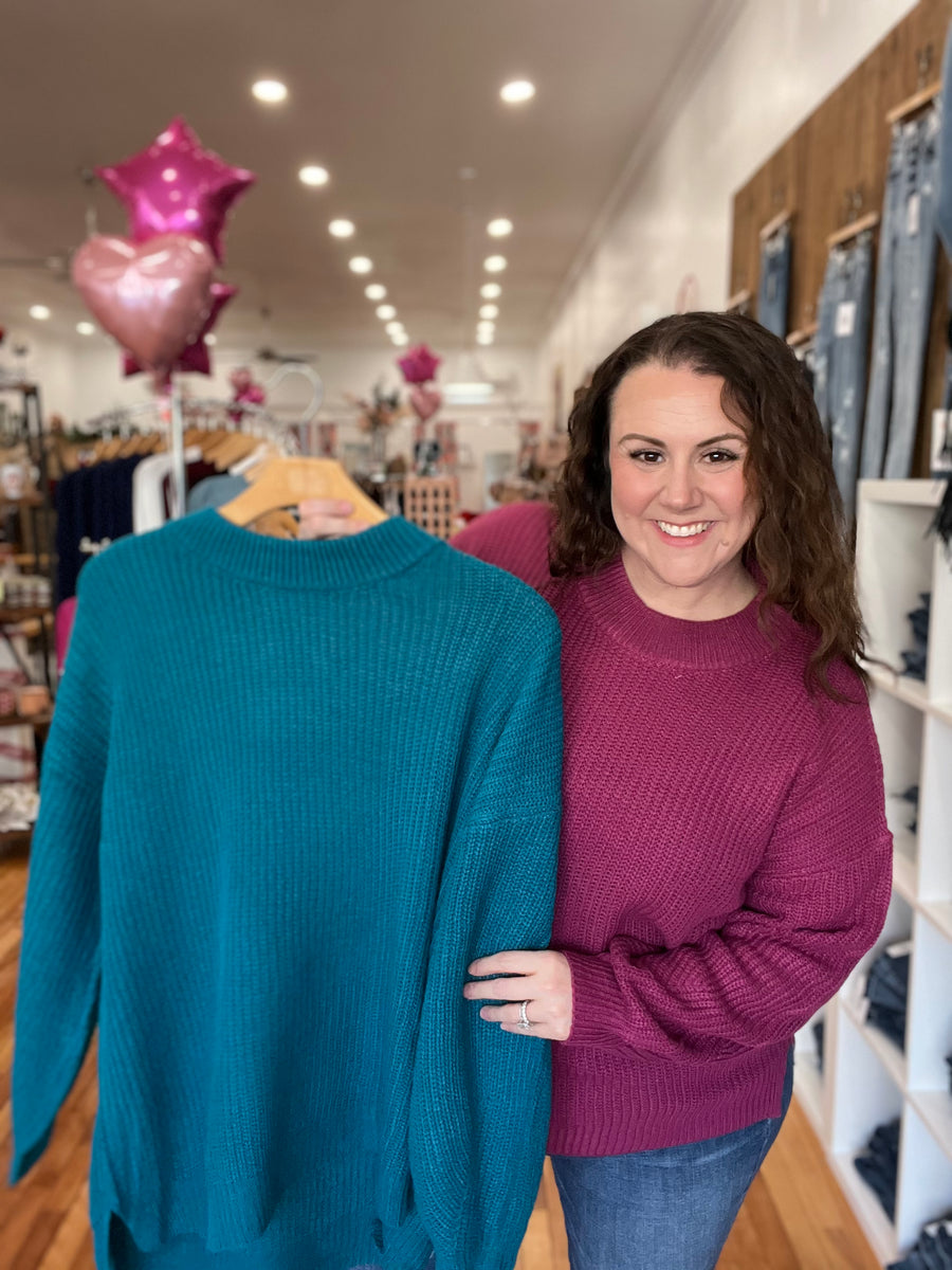 Solid Sweater with Round Neckline- Teal