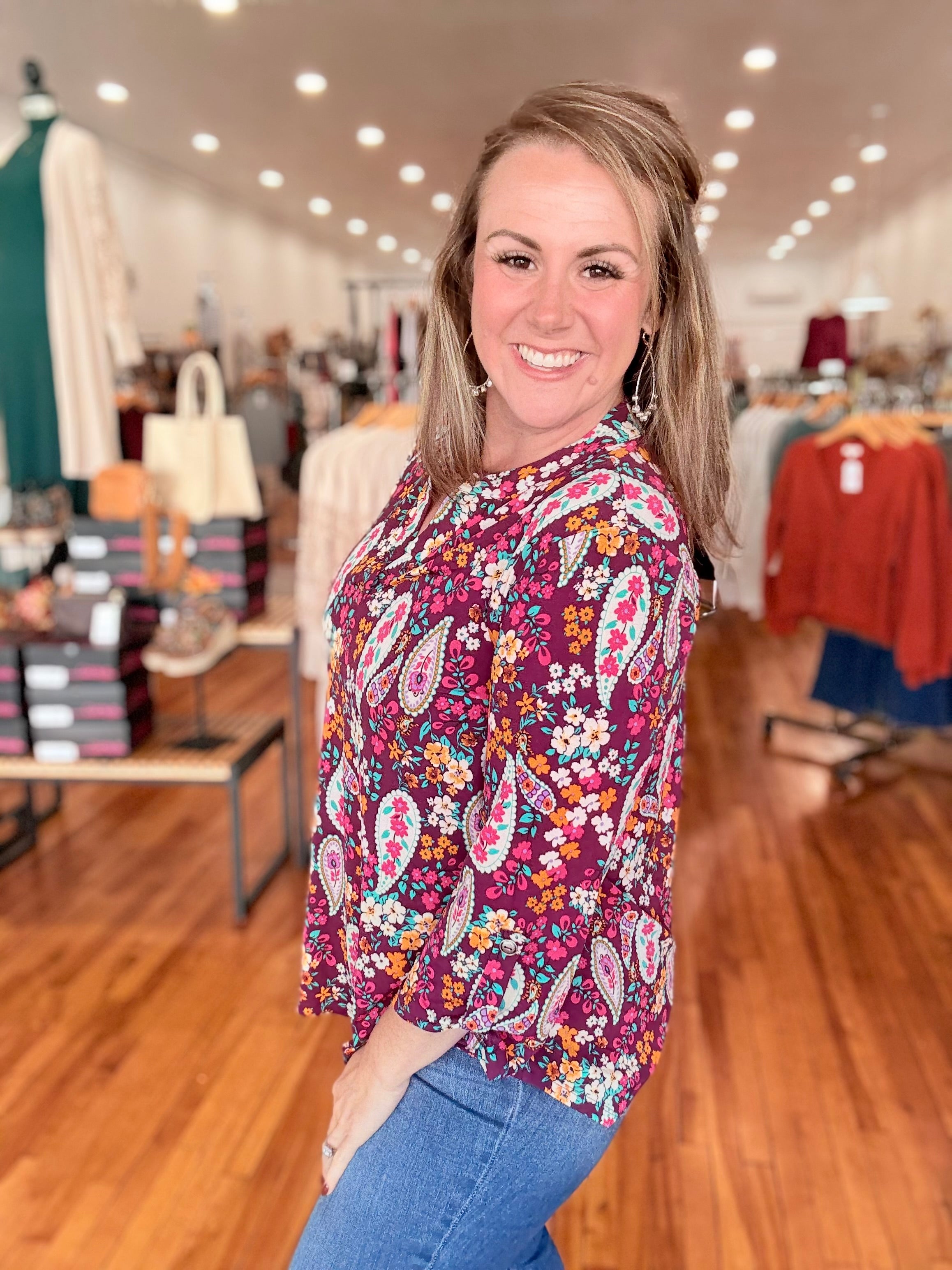 Lizzy 3/4 Sleeve Top- Burgundy Floral
