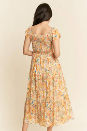 Smocked Bodice Flutter Sleeve Midi Dress- Sunshine Floral