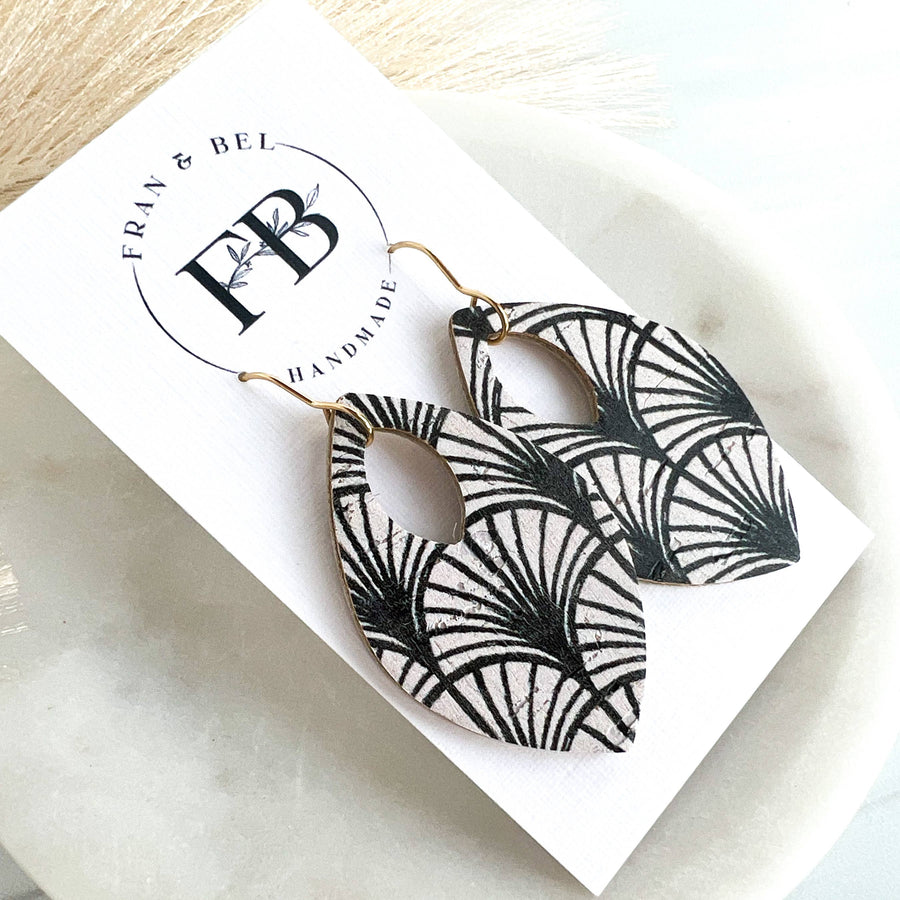 Black and White Boho Arch Leather Teardrop Earrings : Silver Wires