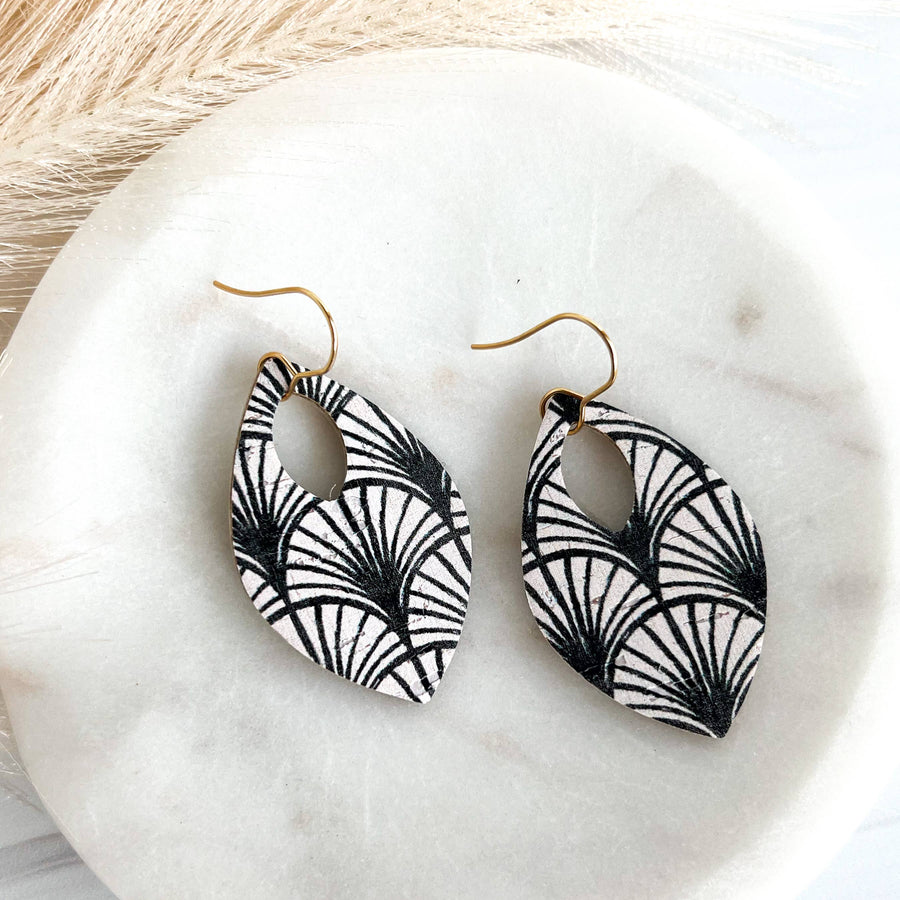 Black and White Boho Arch Leather Teardrop Earrings : Silver Wires