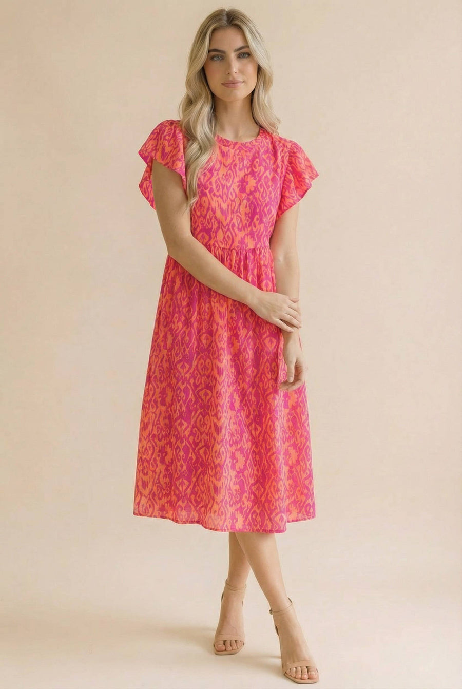 Ruffle Sleeve Babydoll Dress- Coral & Pink