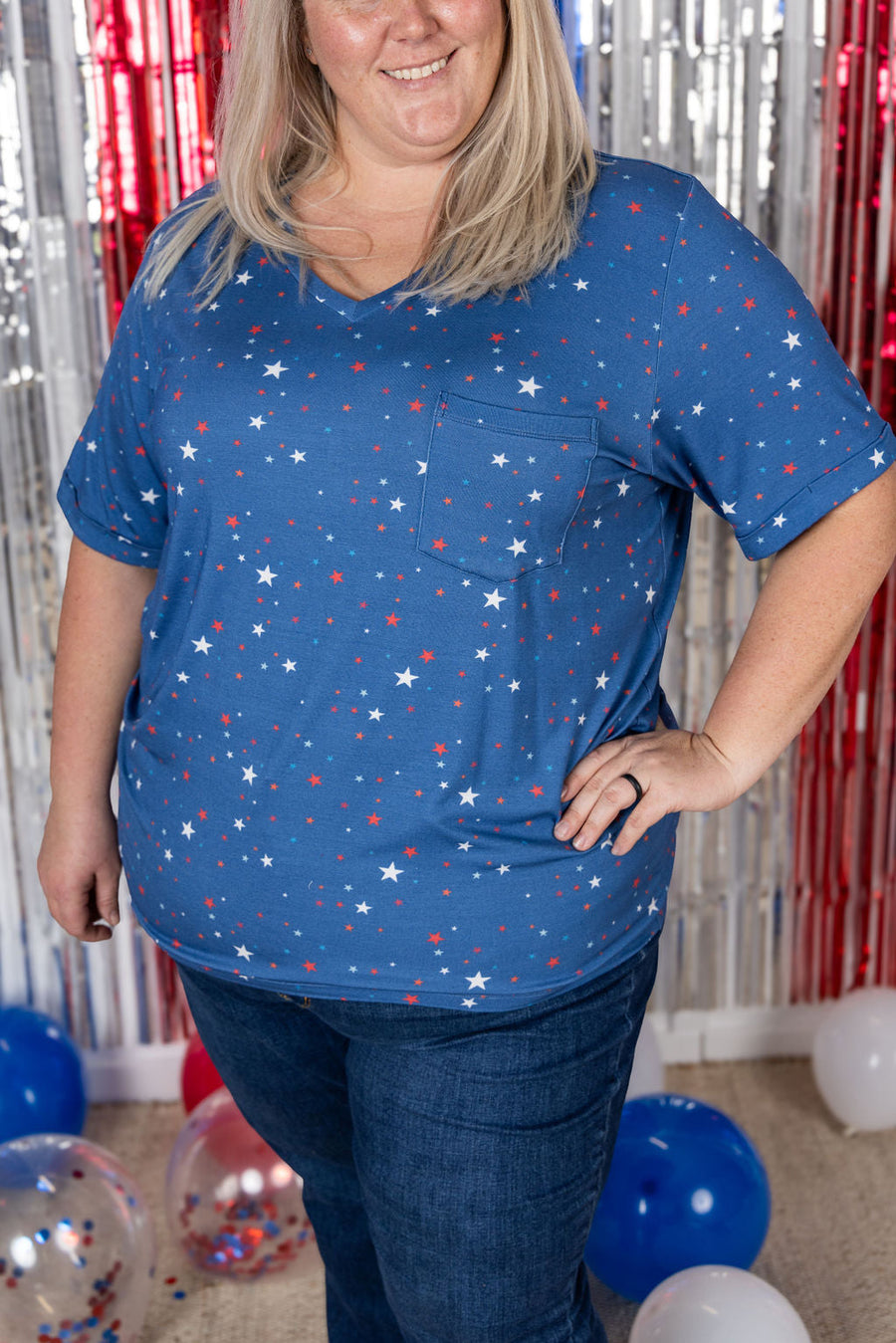 WAREHOUSE Sophie Pocket Tee - Blue Liberty Stars