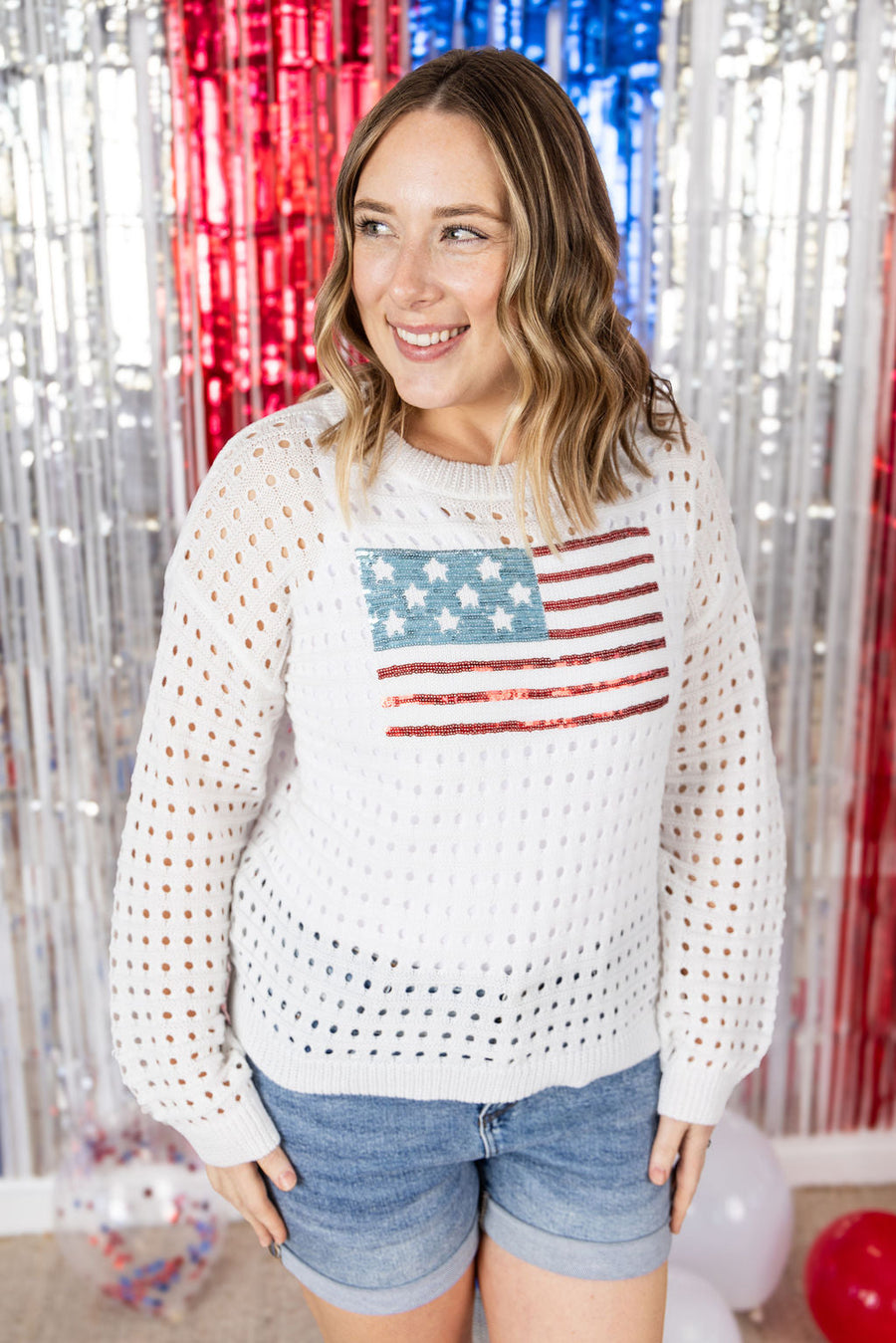 WAREHOUSE USA Sequin Flag Open Knit Pullover