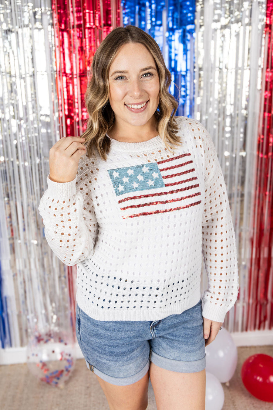 WAREHOUSE USA Sequin Flag Open Knit Pullover