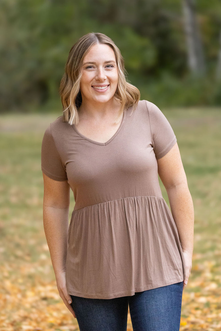 WAREHOUSE Sarah Ruffle Short Sleeve - Mocha FINAL SALE