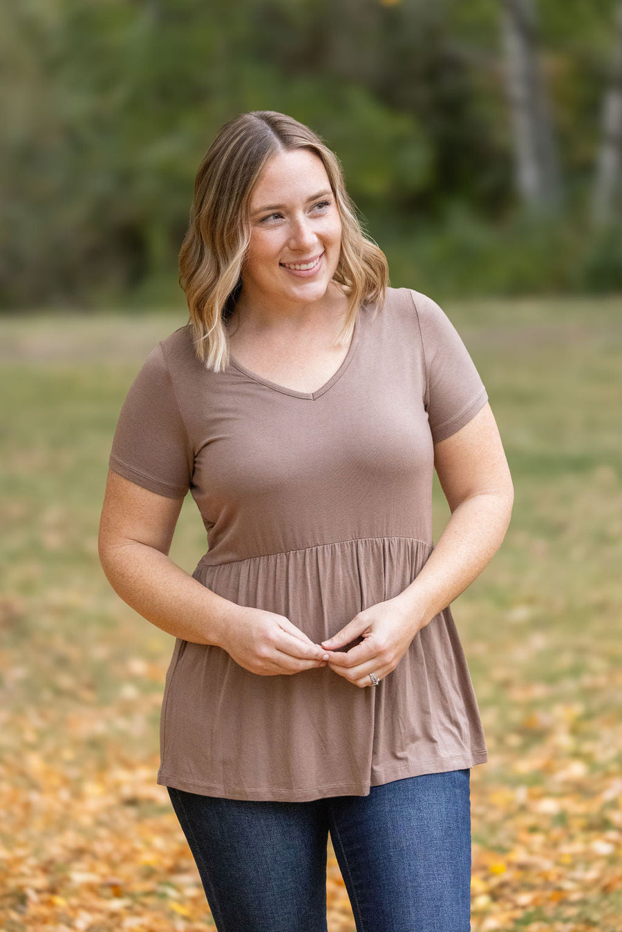 WAREHOUSE Sarah Ruffle Short Sleeve - Mocha FINAL SALE