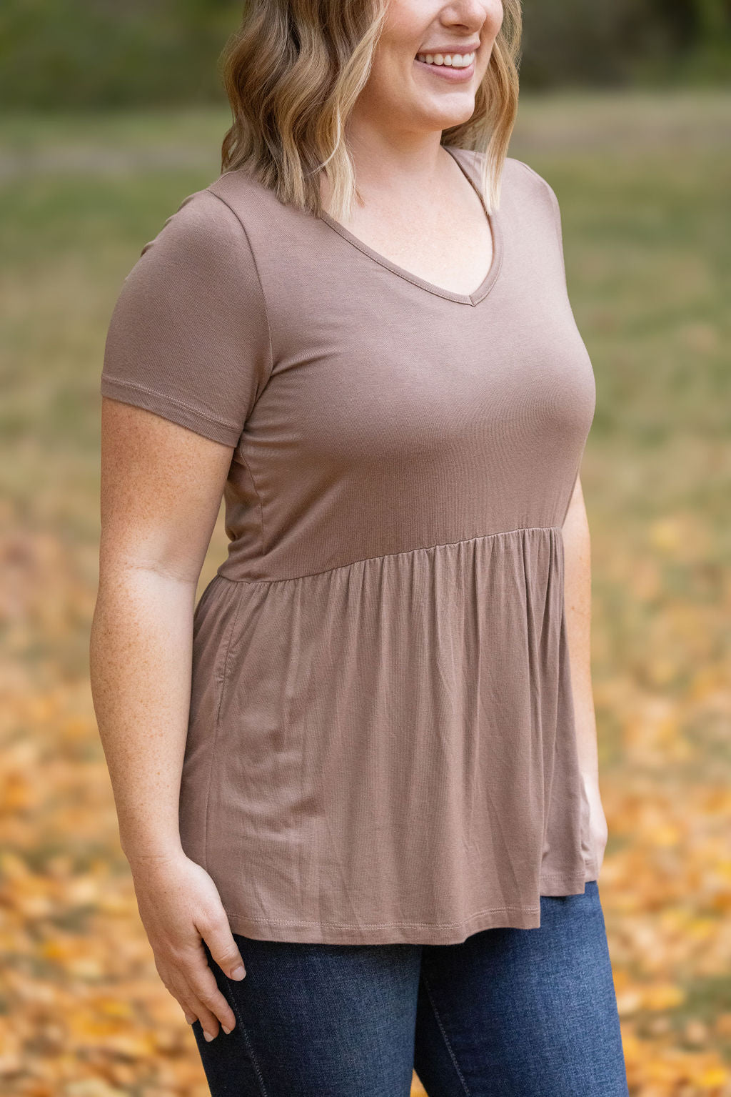 WAREHOUSE Sarah Ruffle Short Sleeve - Mocha FINAL SALE