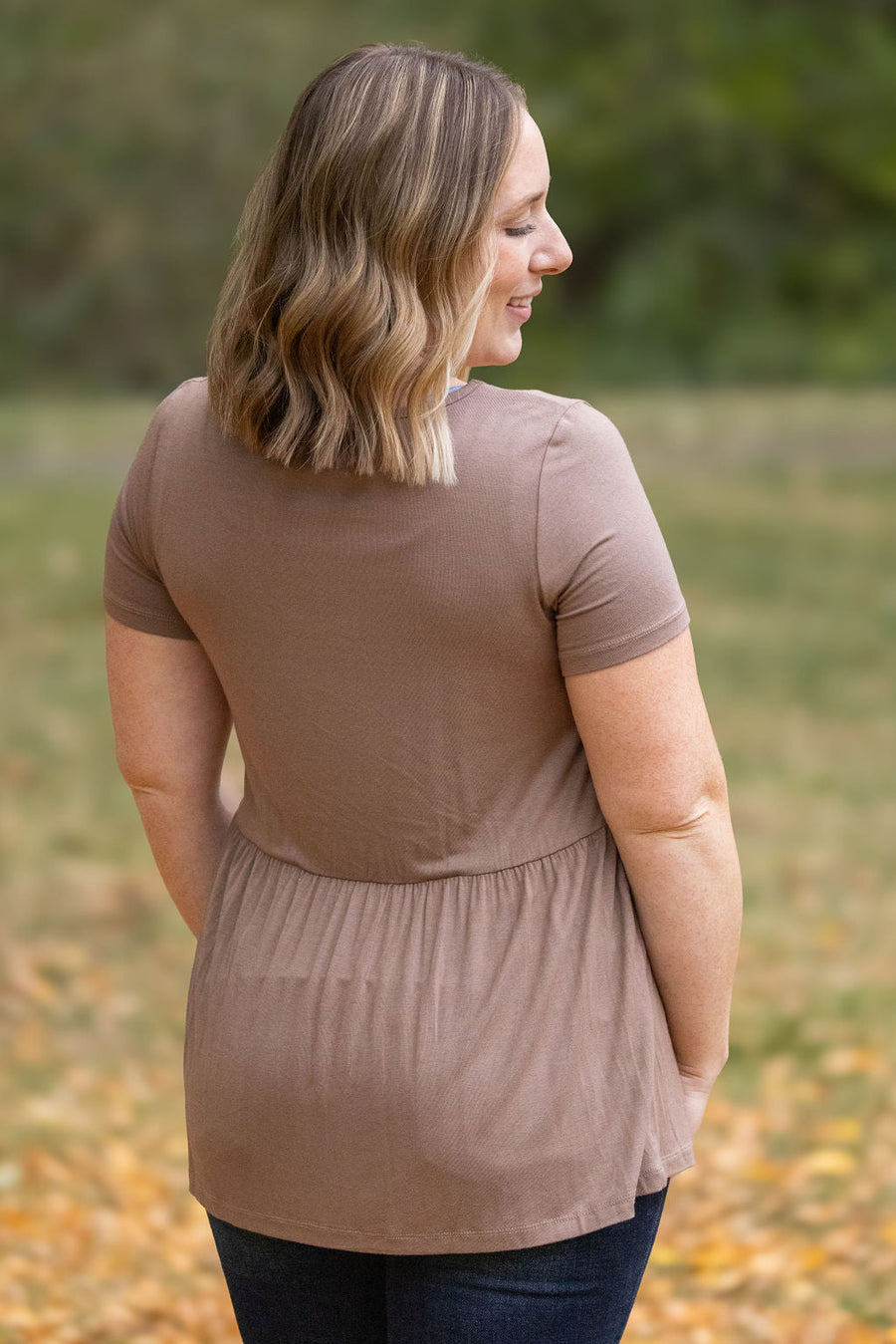 WAREHOUSE Sarah Ruffle Short Sleeve - Mocha FINAL SALE