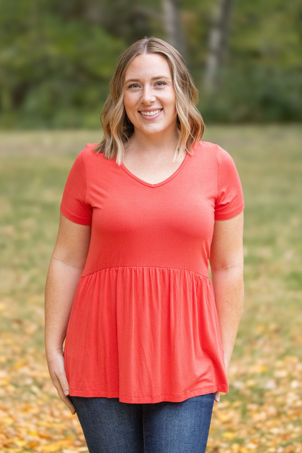 WAREHOUSE Sarah Ruffle Short Sleeve - Deep Coral | Women's Top