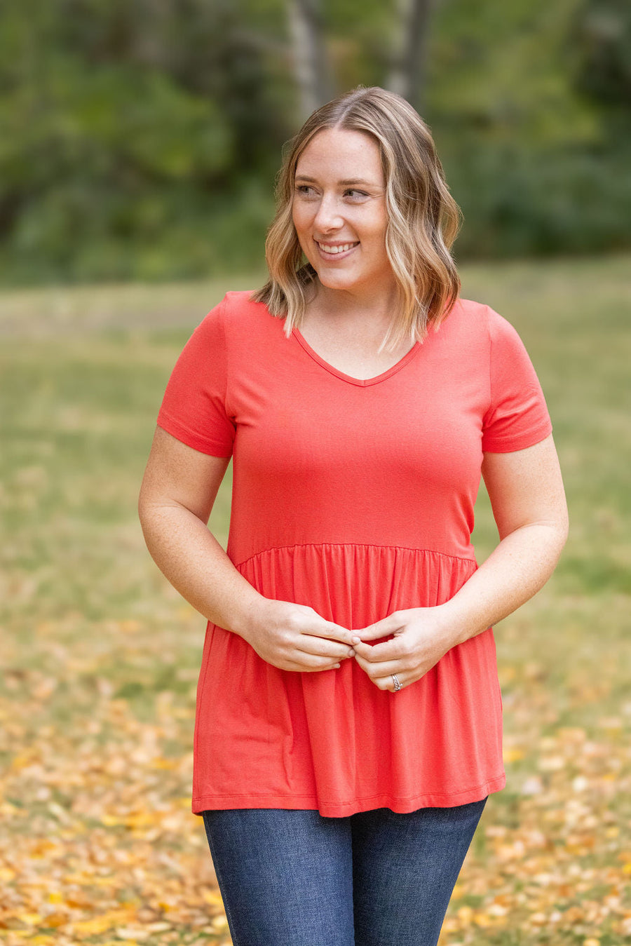 WAREHOUSE Sarah Ruffle Short Sleeve - Deep Coral | Women's Top