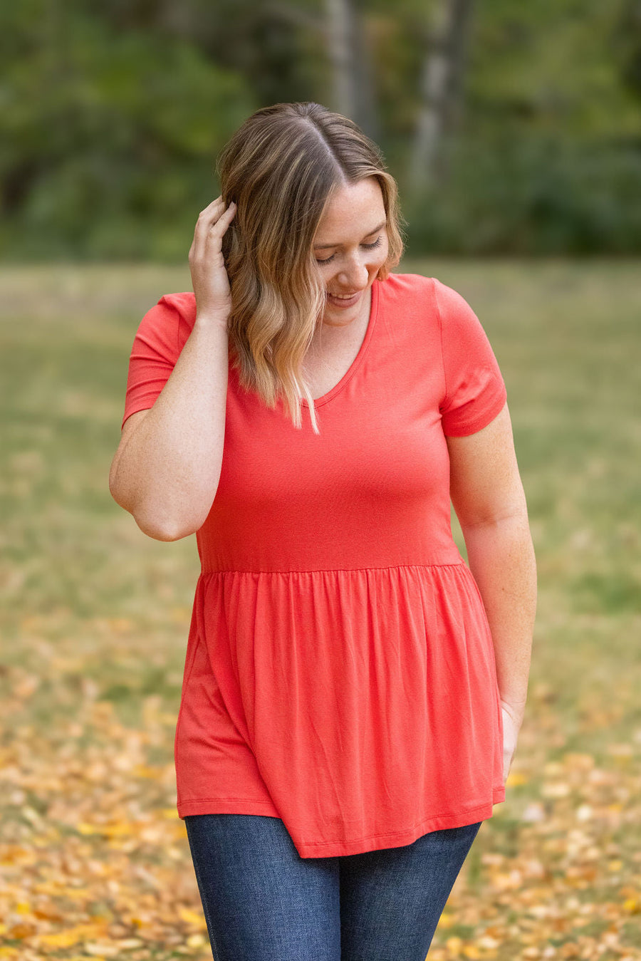 WAREHOUSE Sarah Ruffle Short Sleeve - Deep Coral | Women's Top