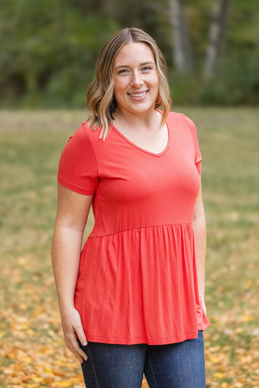 WAREHOUSE Sarah Ruffle Short Sleeve - Deep Coral | Women's Top