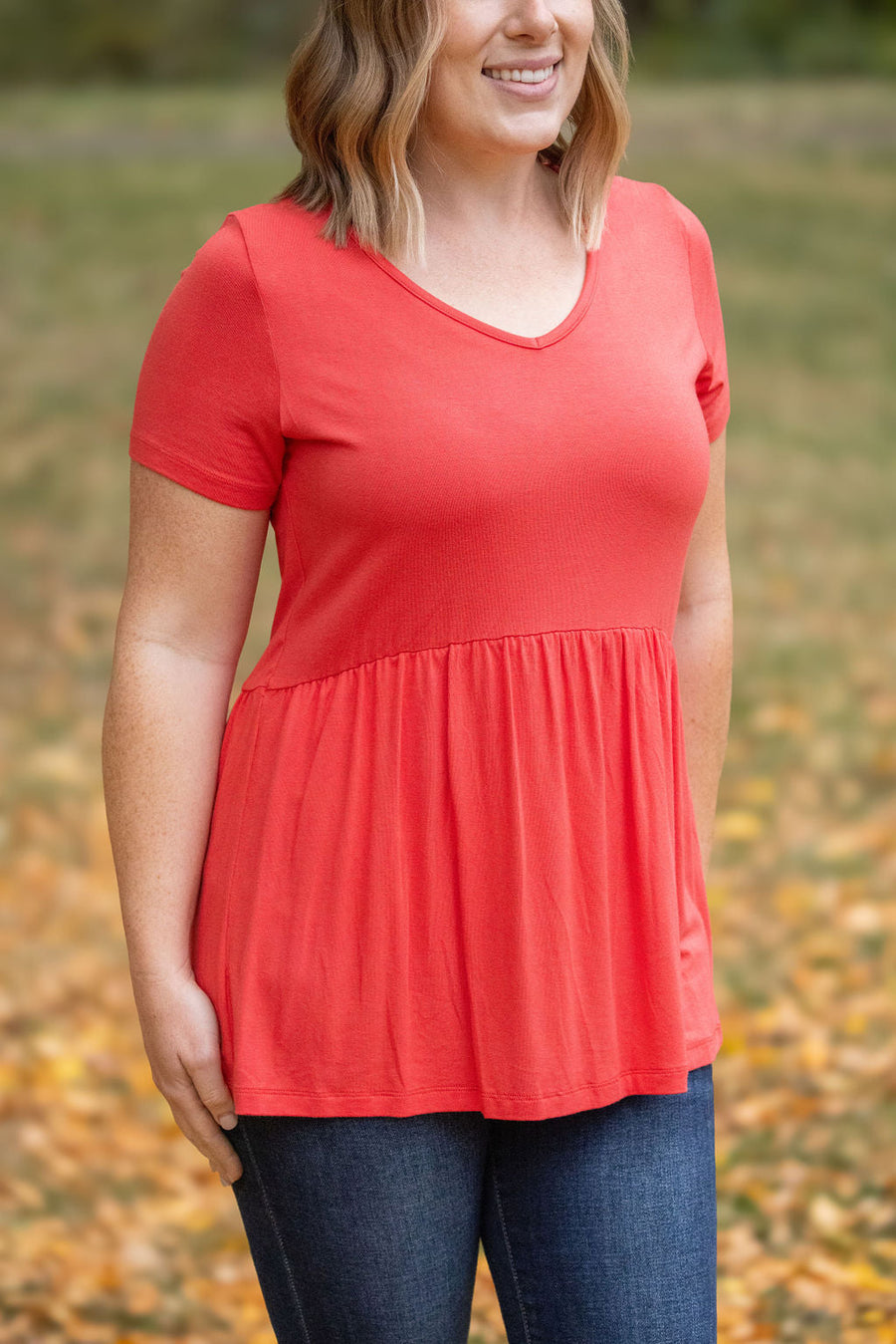 WAREHOUSE Sarah Ruffle Short Sleeve - Deep Coral | Women's Top