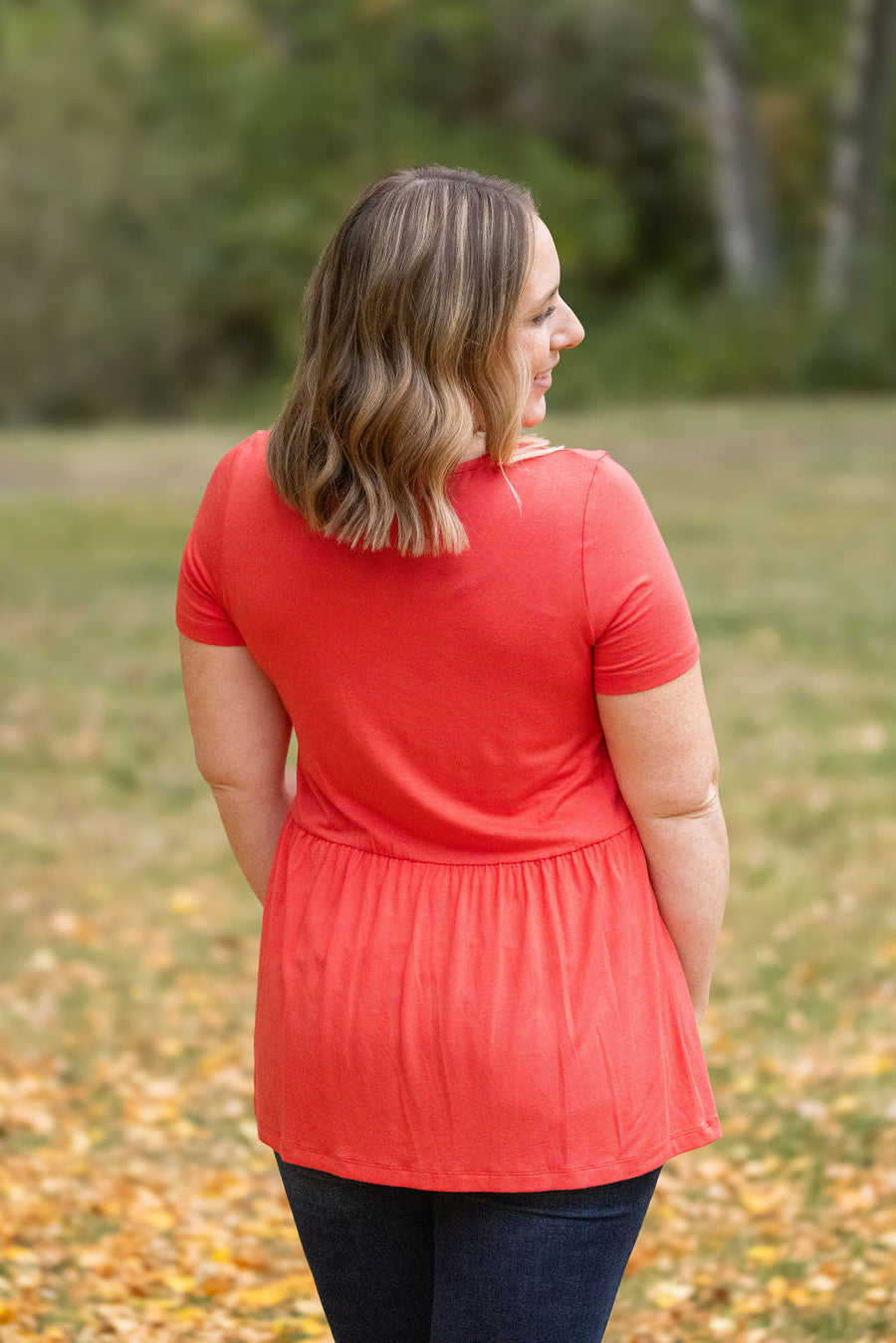 WAREHOUSE Sarah Ruffle Short Sleeve - Deep Coral | Women's Top
