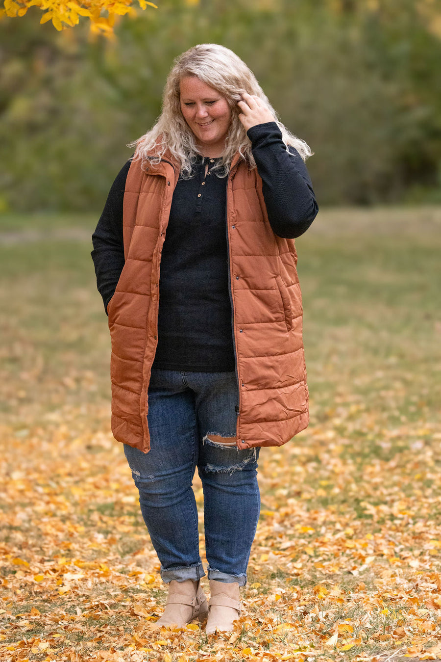 WAREHOUSE Harlow Long Vest - Cinnamon