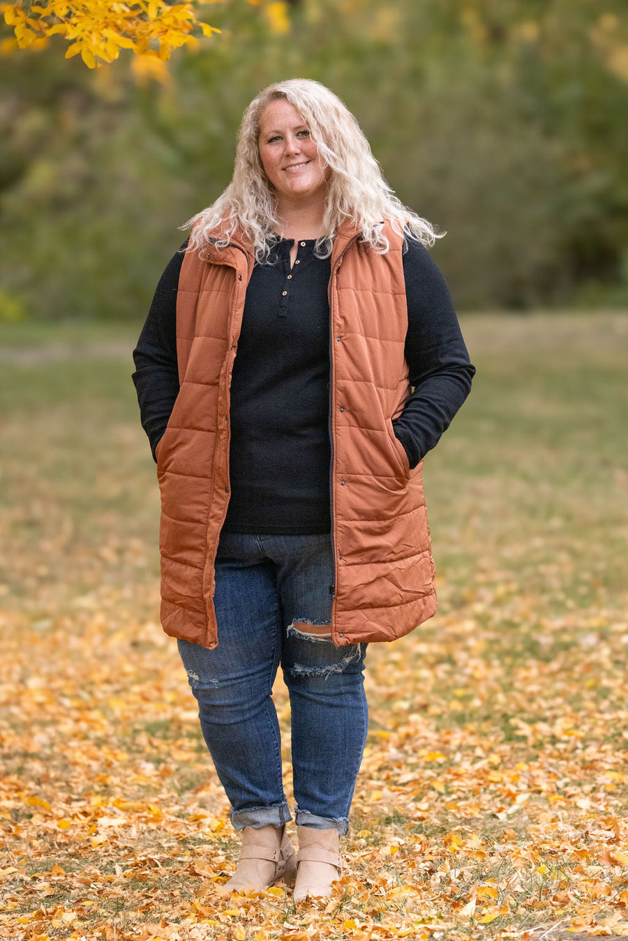 WAREHOUSE Harlow Long Vest - Cinnamon