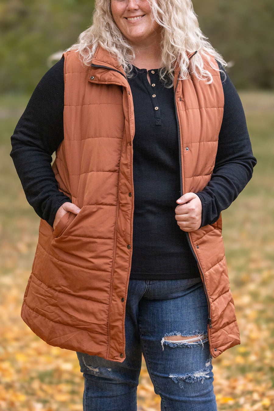WAREHOUSE Harlow Long Vest - Cinnamon