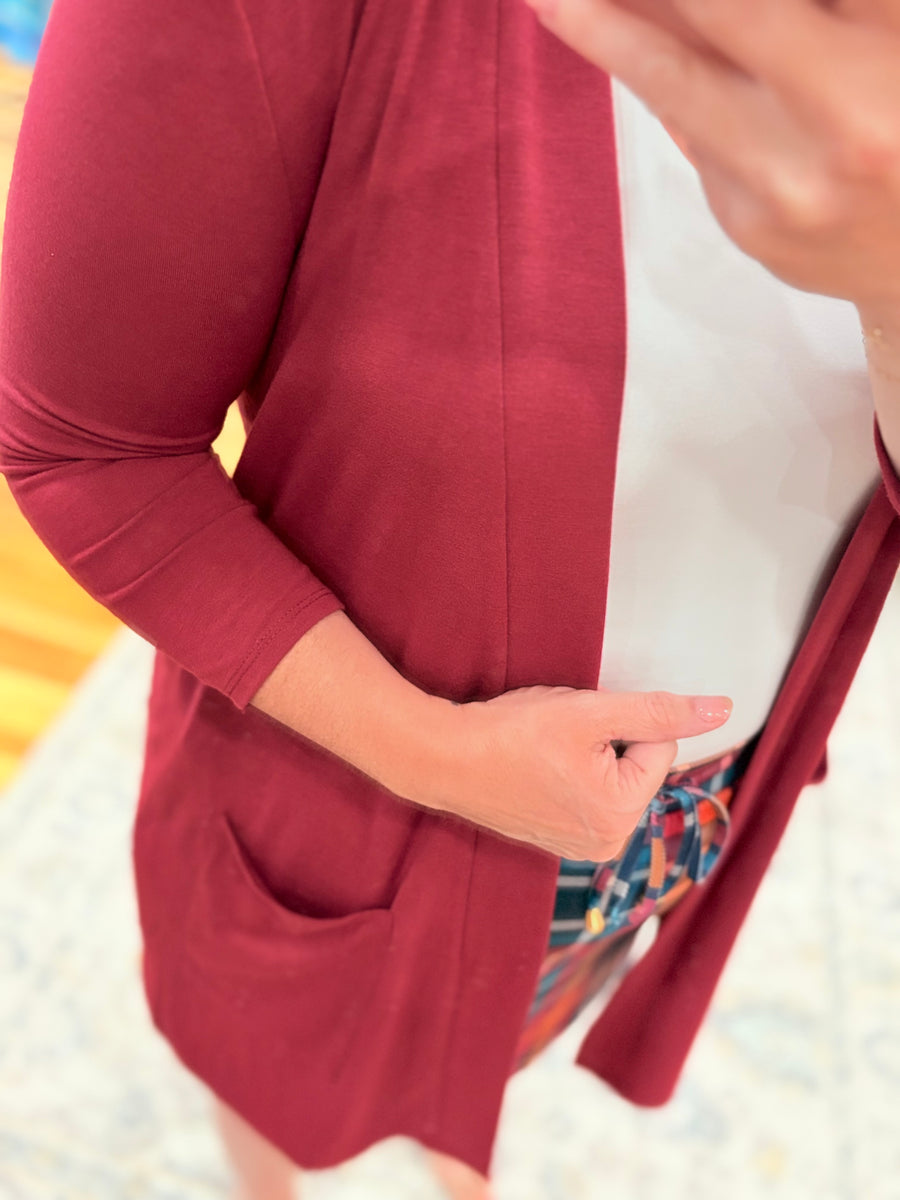 Slouchy Pocket Open Cardigan- Cabernet