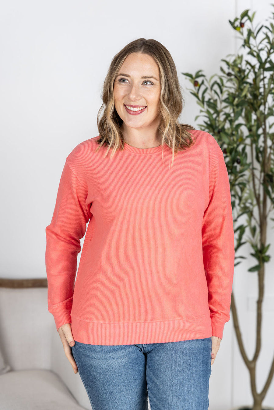 WAREHOUSE Corrine Ribbed Pullover Top - Coral