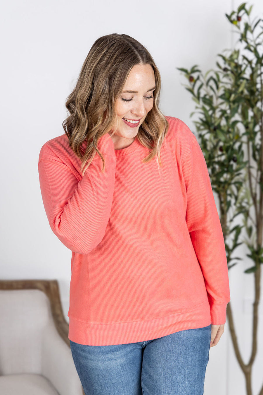 WAREHOUSE Corrine Ribbed Pullover Top - Coral