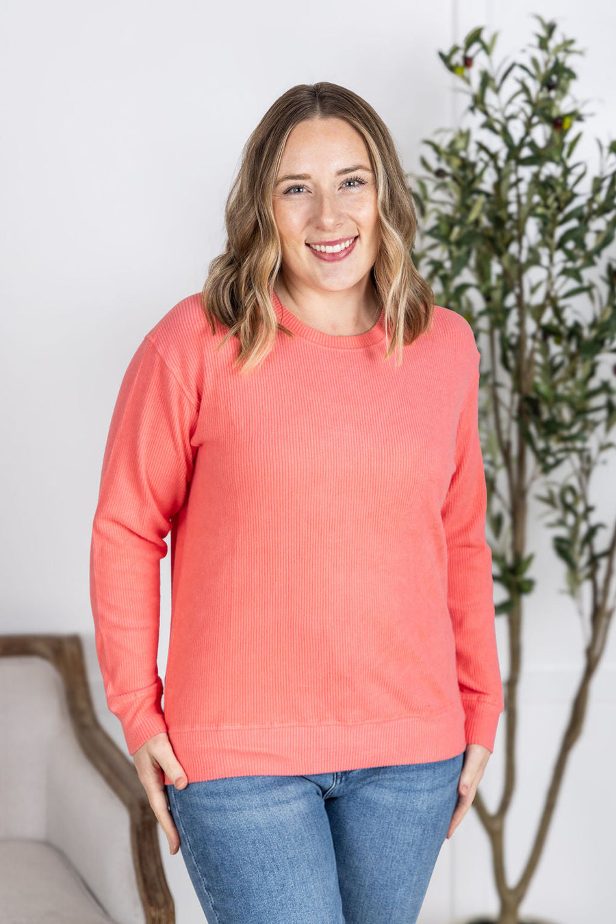 WAREHOUSE Corrine Ribbed Pullover Top - Coral