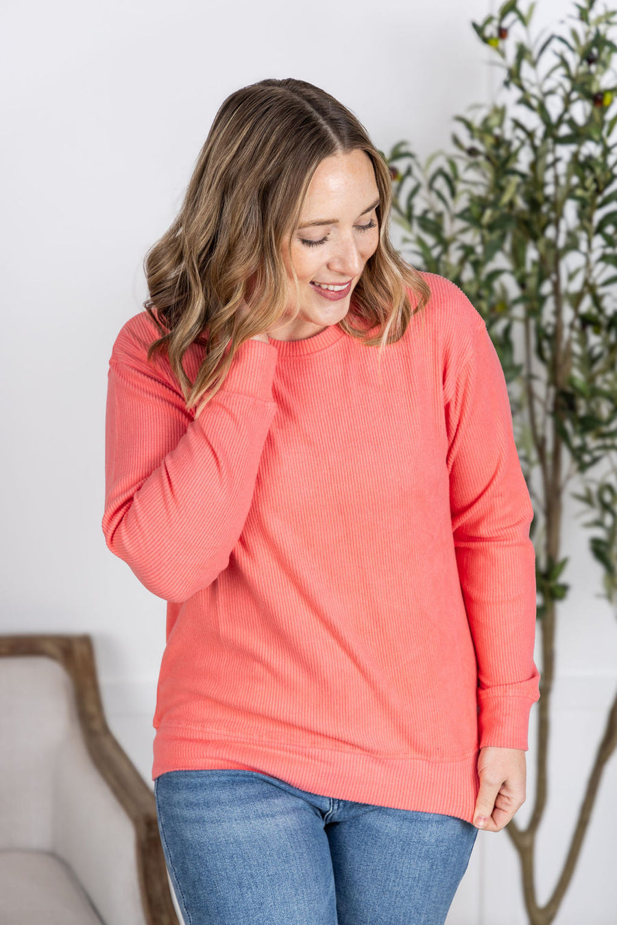WAREHOUSE Corrine Ribbed Pullover Top - Coral