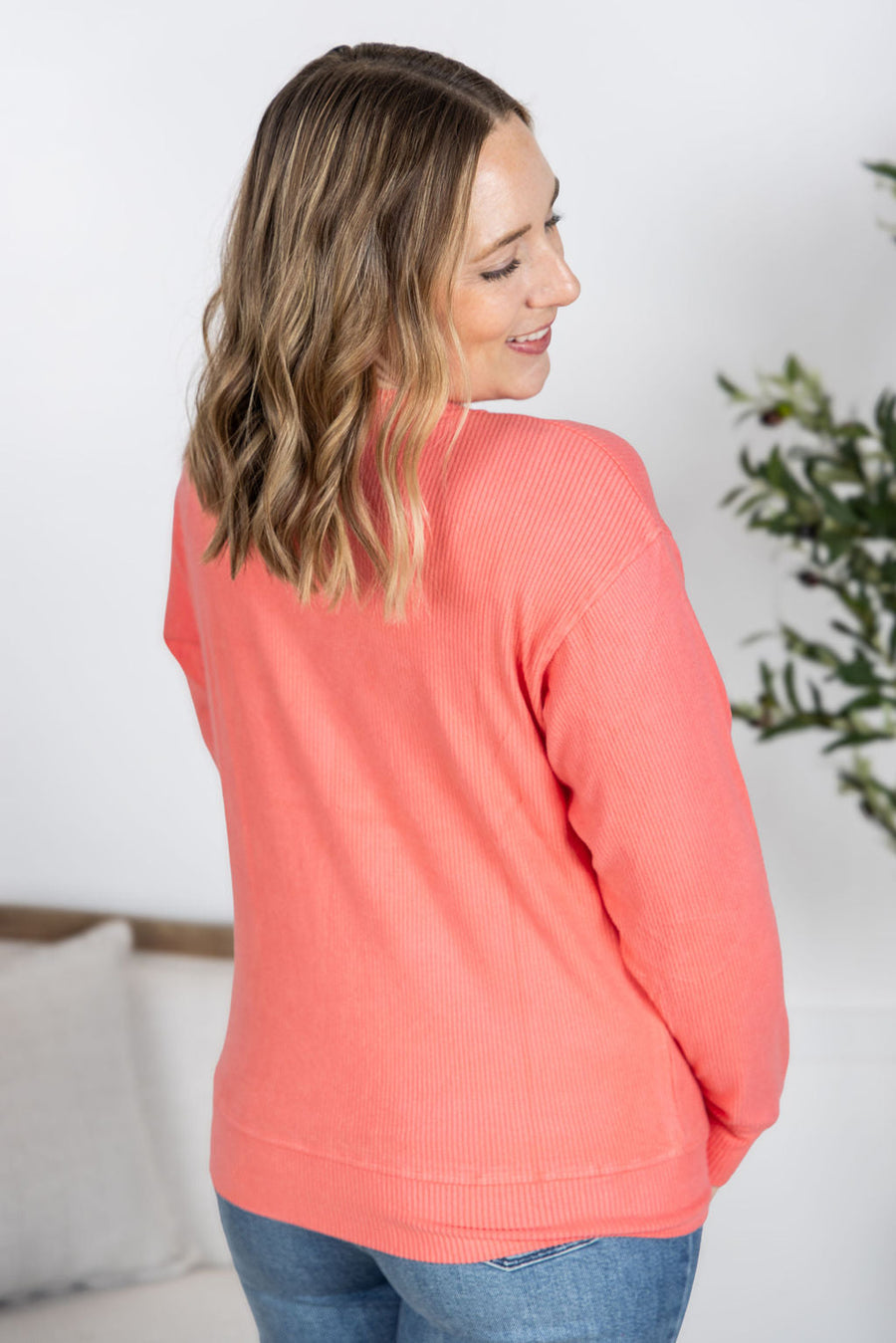 WAREHOUSE Corrine Ribbed Pullover Top - Coral