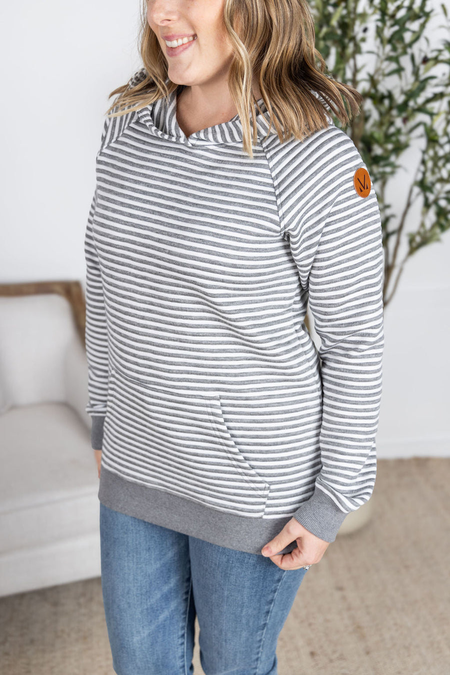WAREHOUSE Tatum Textured Pullover Hoodie - Charcoal Stripes