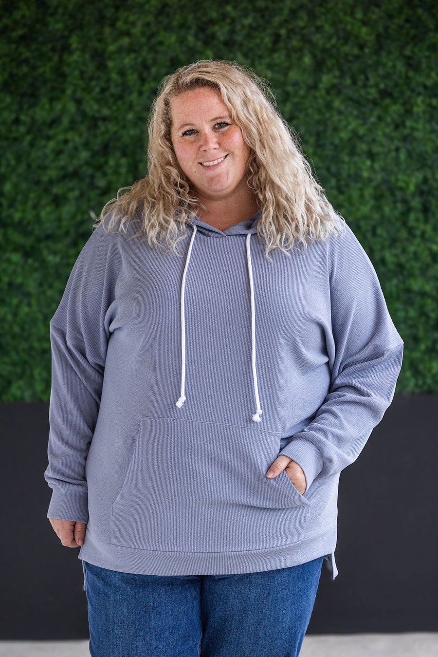 WAREHOUSE Kacey Ribbed Hoodie - Dusty Blue