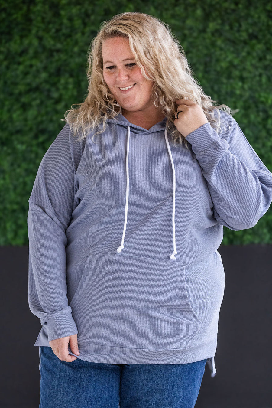 WAREHOUSE Kacey Ribbed Hoodie - Dusty Blue