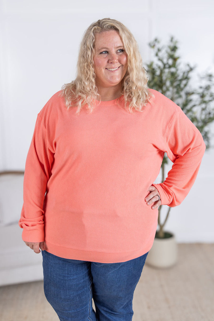 WAREHOUSE Corrine Ribbed Pullover Top - Coral
