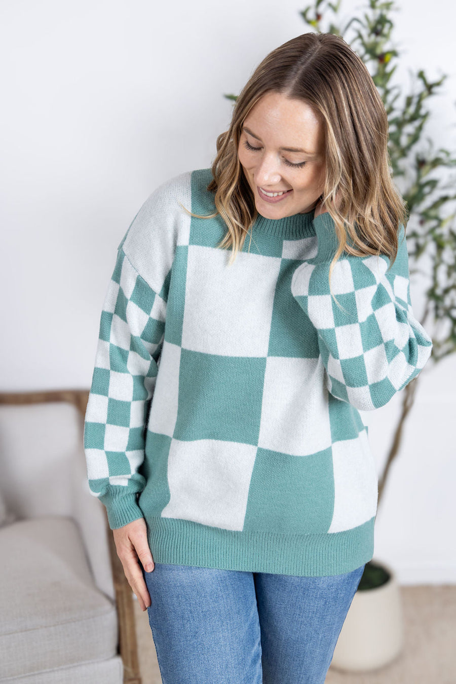WAREHOUSE Checkered Pullover Sweater - Dusty Jade