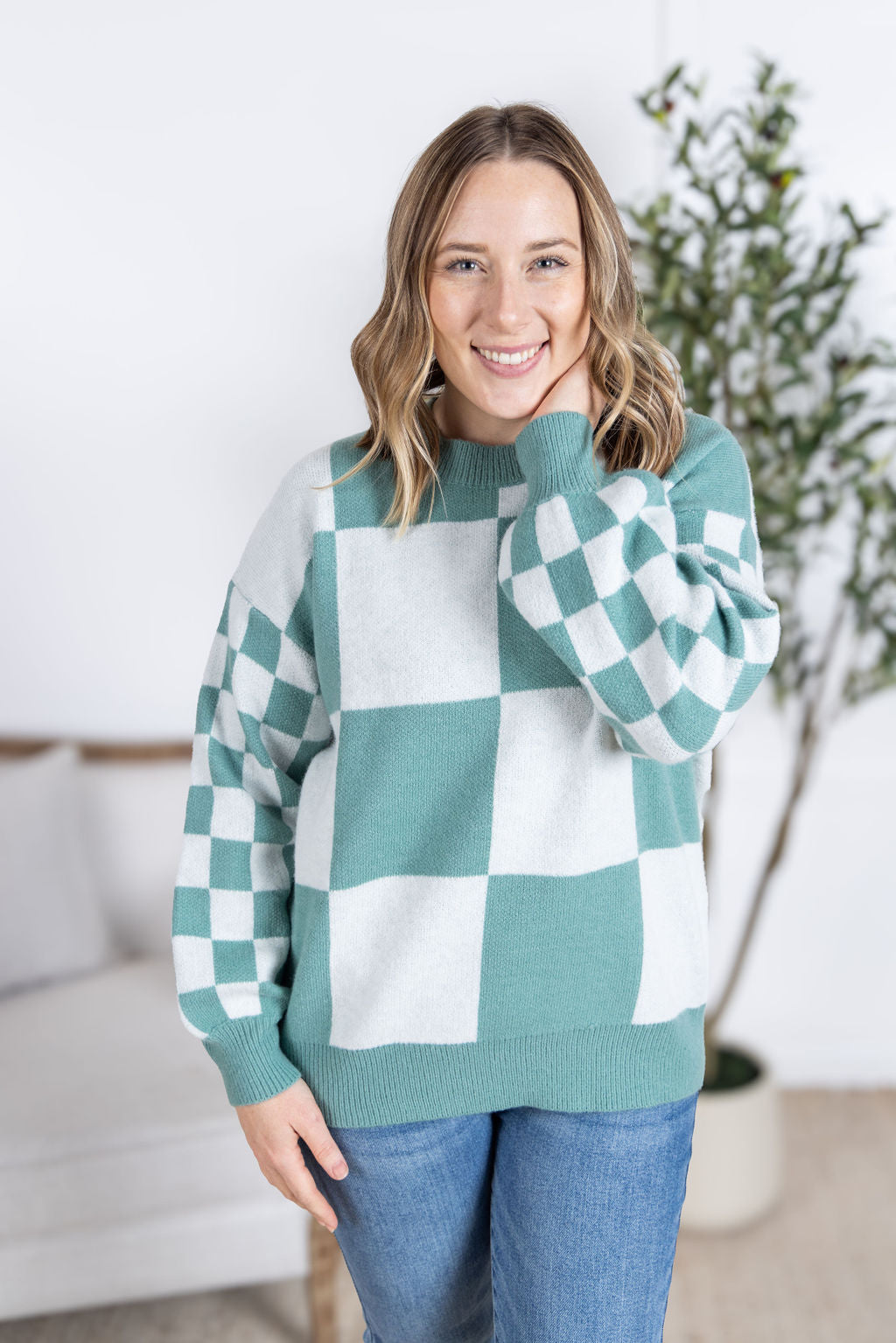 WAREHOUSE Checkered Pullover Sweater - Dusty Jade