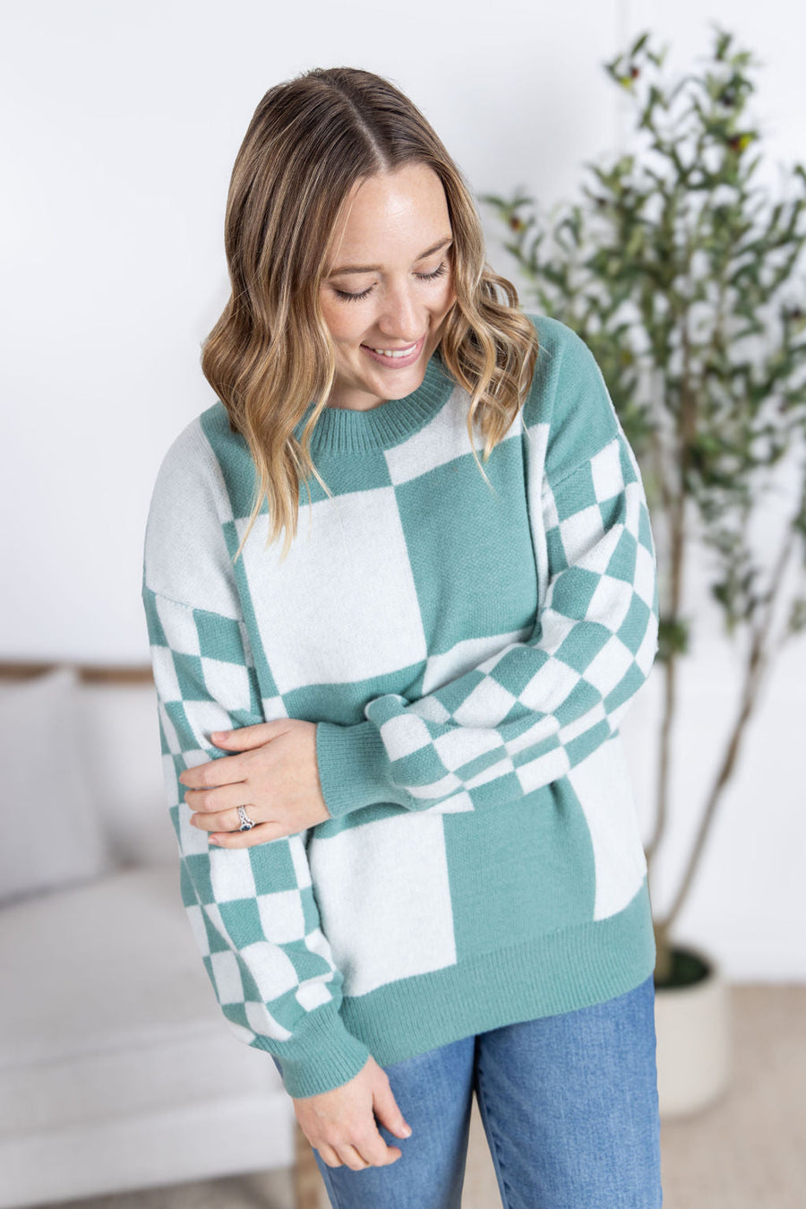 WAREHOUSE Checkered Pullover Sweater - Dusty Jade