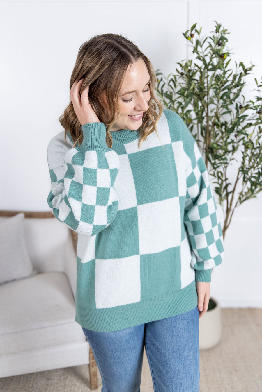 WAREHOUSE Checkered Pullover Sweater - Dusty Jade