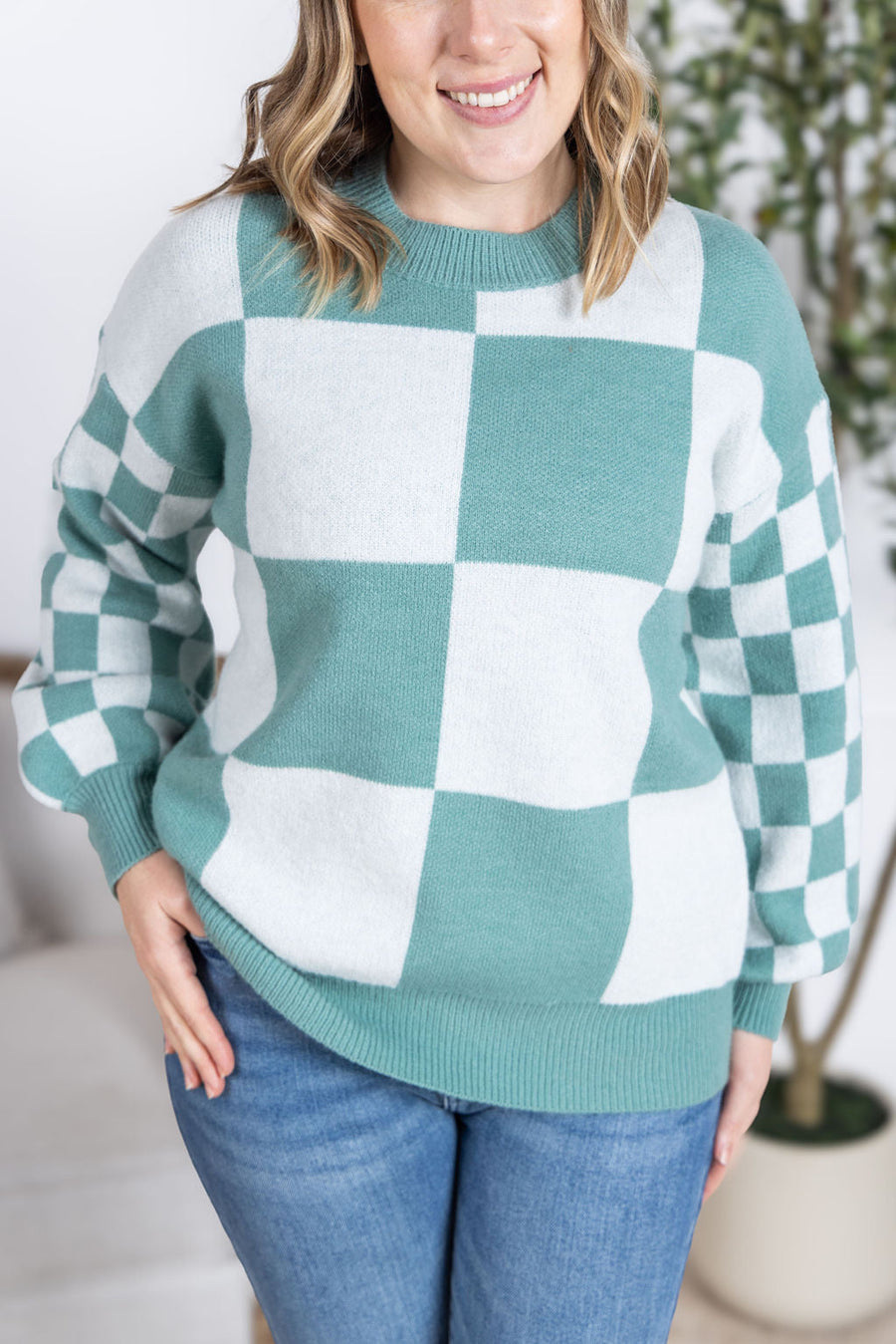 WAREHOUSE Checkered Pullover Sweater - Dusty Jade