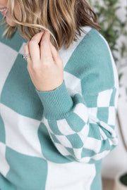 WAREHOUSE Checkered Pullover Sweater - Dusty Jade