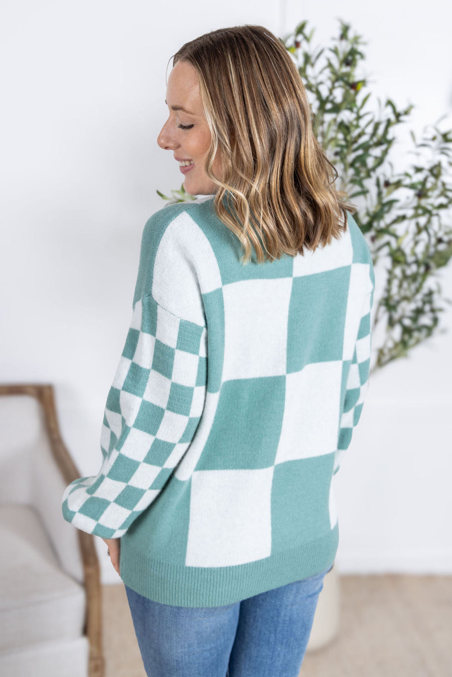 WAREHOUSE Checkered Pullover Sweater - Dusty Jade