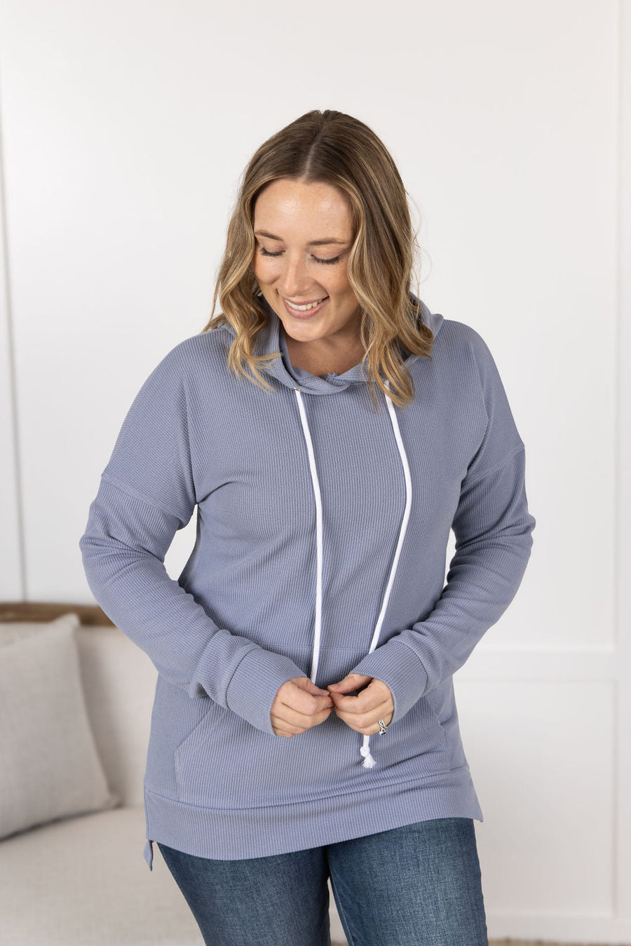 WAREHOUSE Kacey Ribbed Hoodie - Dusty Blue