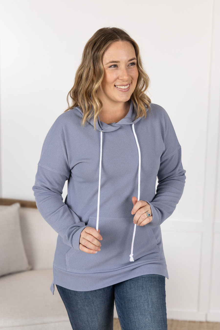 WAREHOUSE Kacey Ribbed Hoodie - Dusty Blue