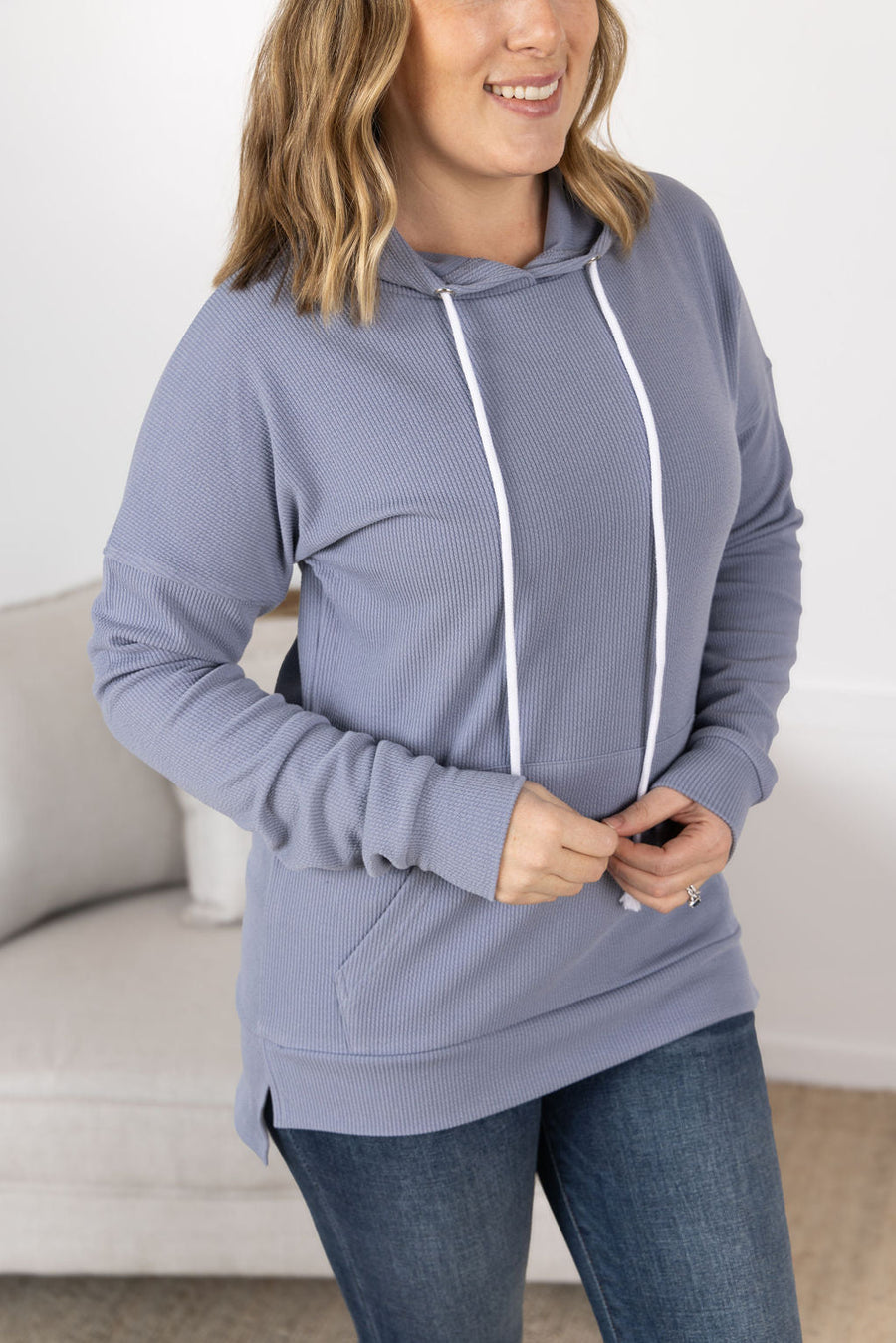 WAREHOUSE Kacey Ribbed Hoodie - Dusty Blue